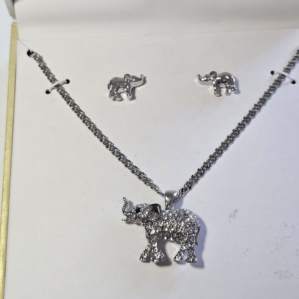 Charter Club Silver Tone Rhinestone Elephant Pendant Necklace Earring Set NIB